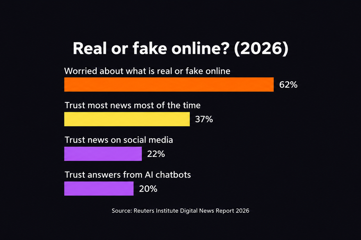 Bar chart from the Reuters Institute Digital News Report 2026: 62% worried about what is real or fake online, 37% trust most news most of the time, 22% trust news on social media, 20% trust answers from AI chatbots